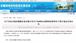 安庆吉港白鳍豚水泥有限公司日产600吨水泥熟料回转窑生产线产能出让的公告